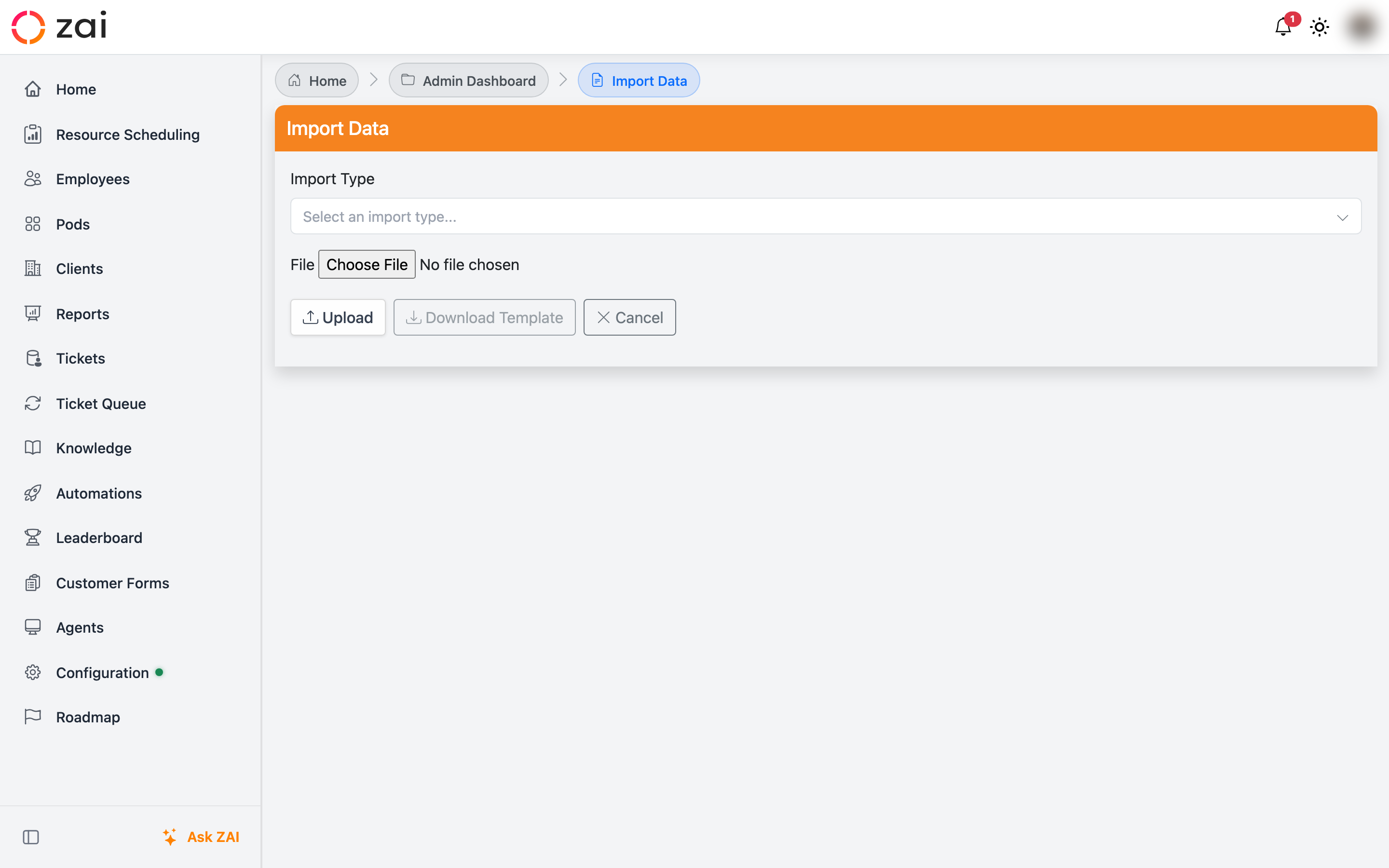 The Import Data page with import type picker and Download Template button