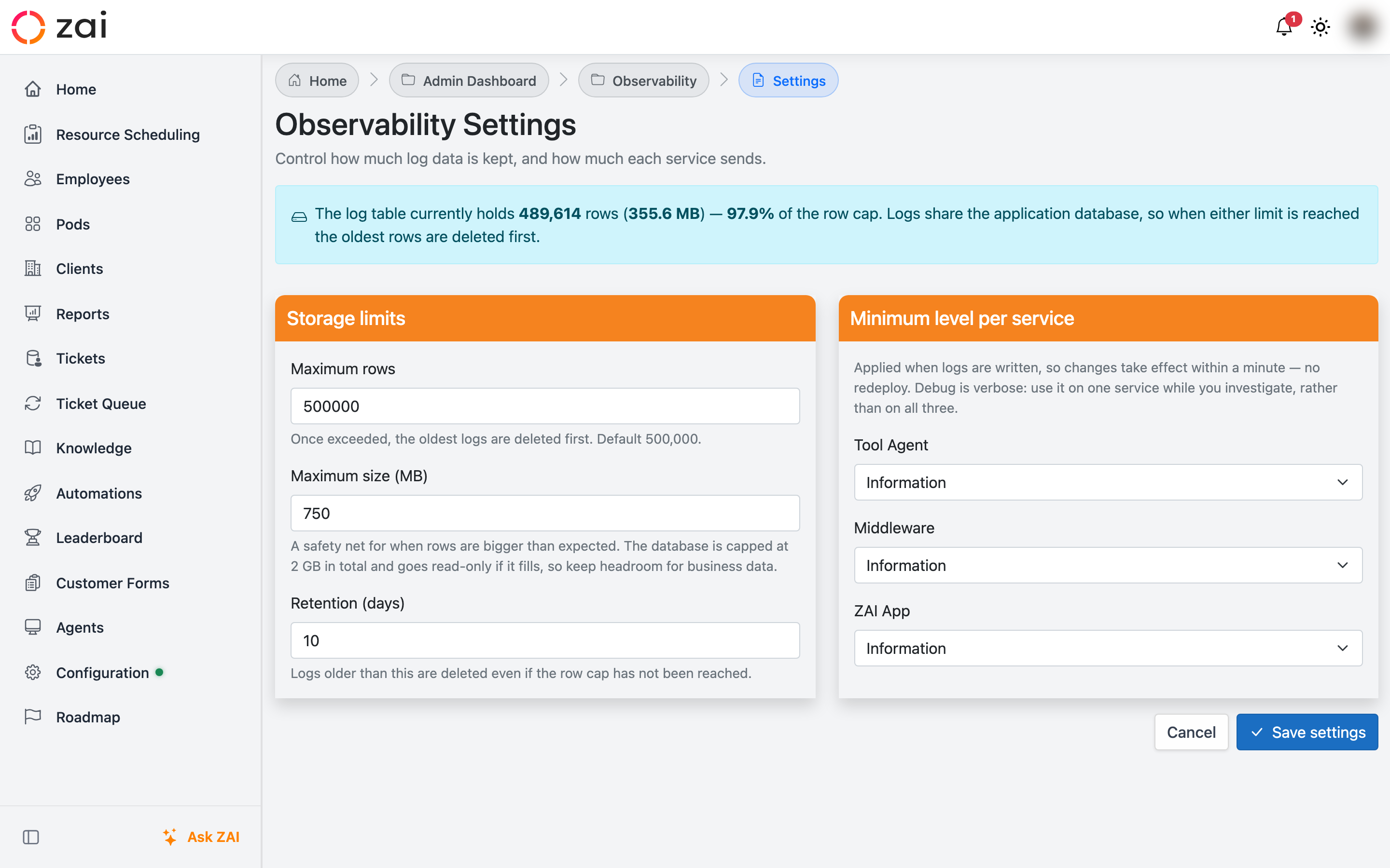 Observability Settings with storage limits and per-service levels