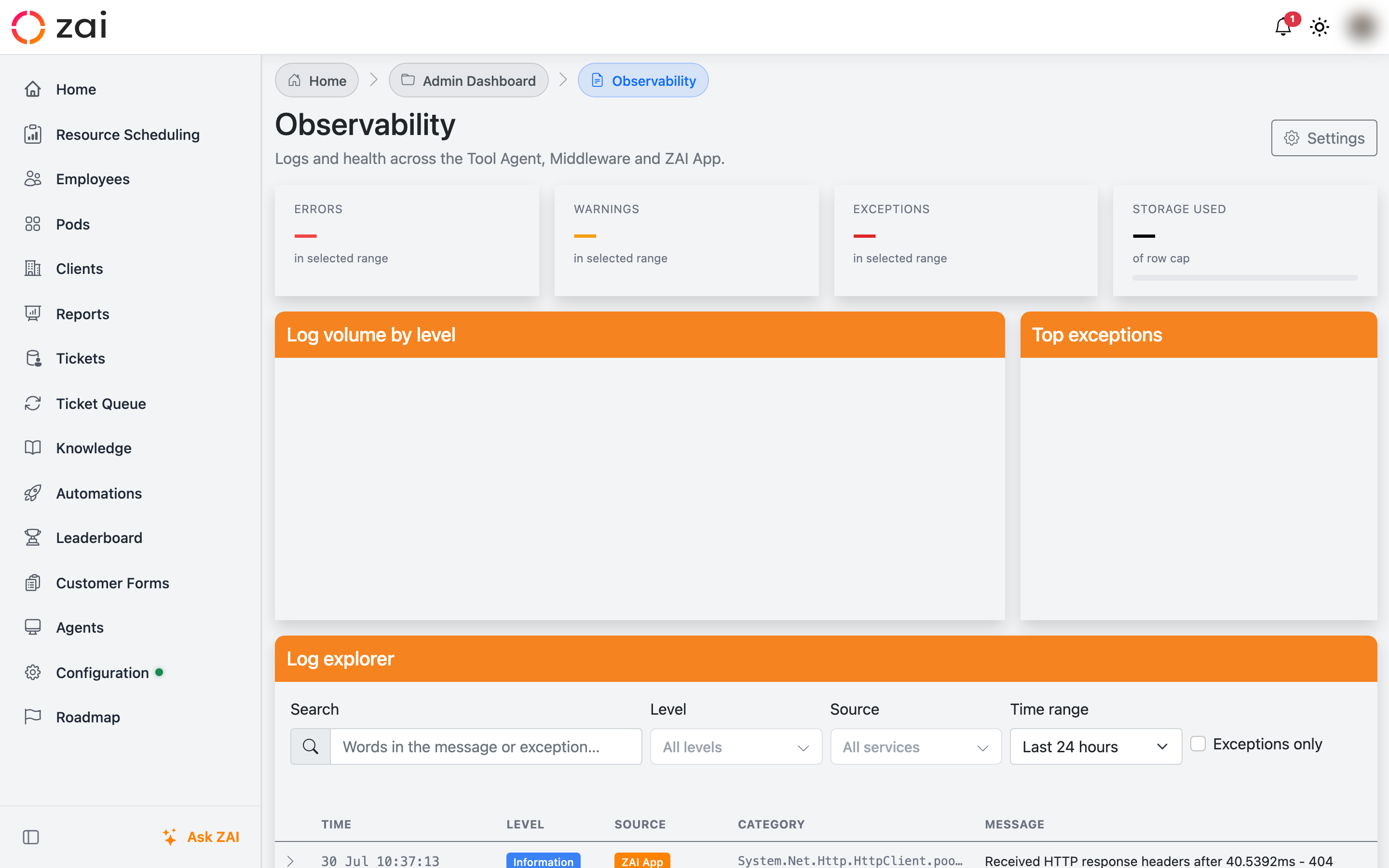 Observability log explorer with KPI tiles and log volume chart
