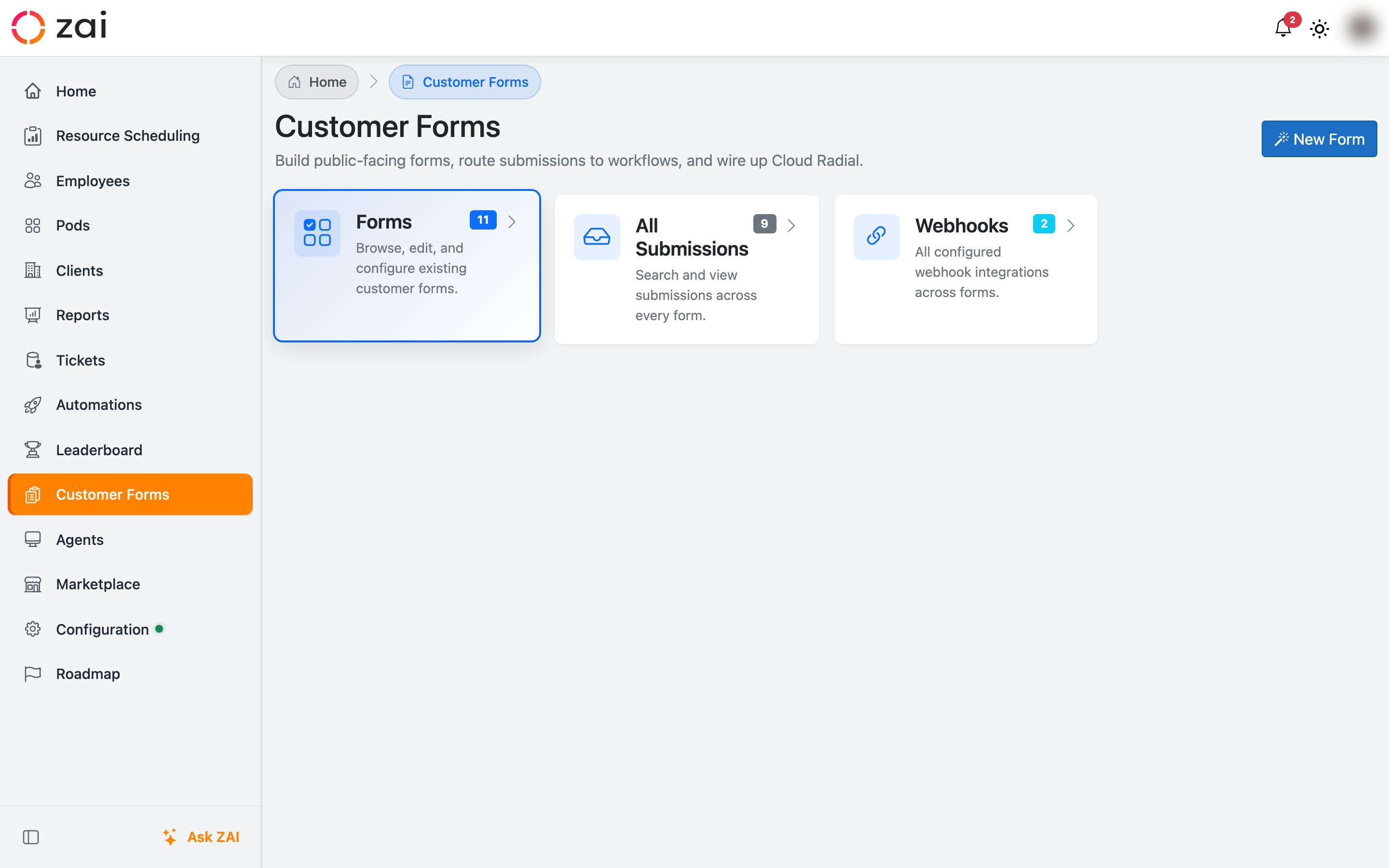 The Customer Forms landing page