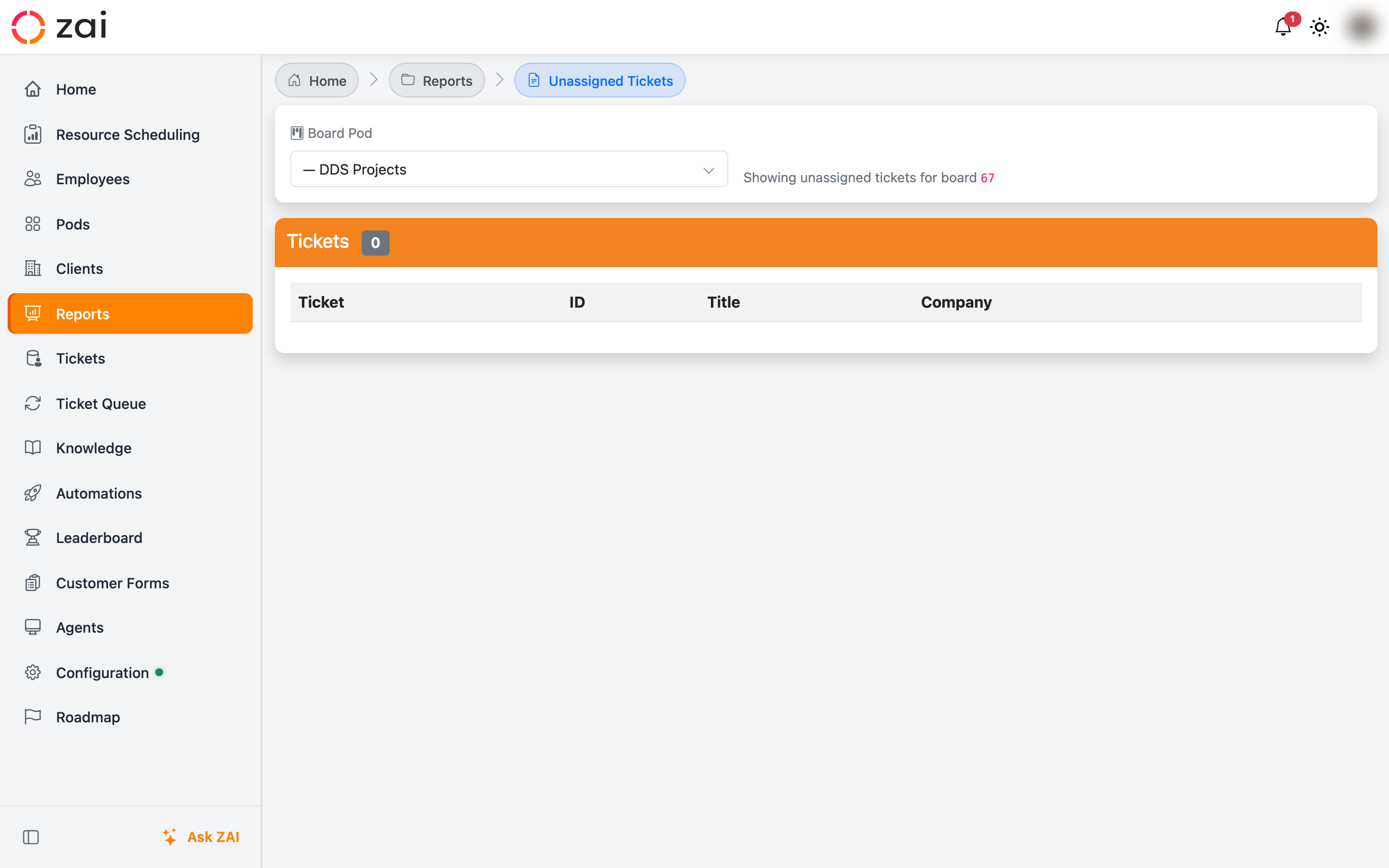Unassigned Tickets page with the Board Pod selector