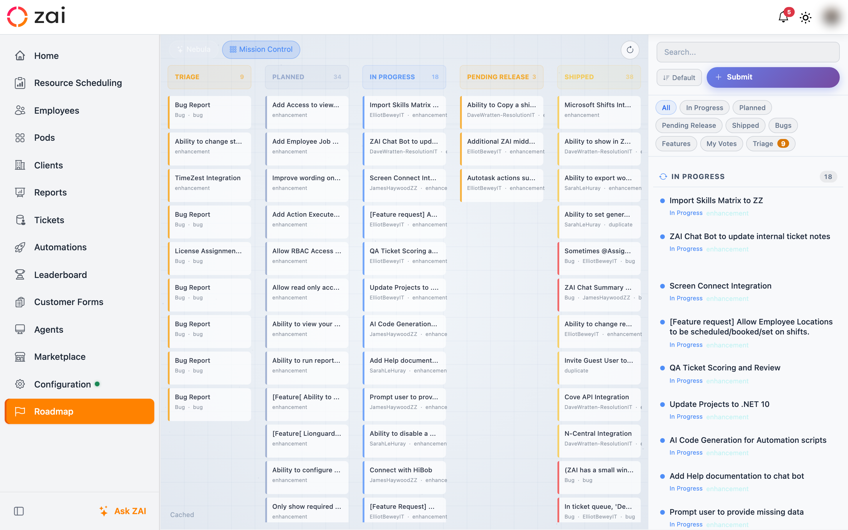 The Roadmap in Mission Control view