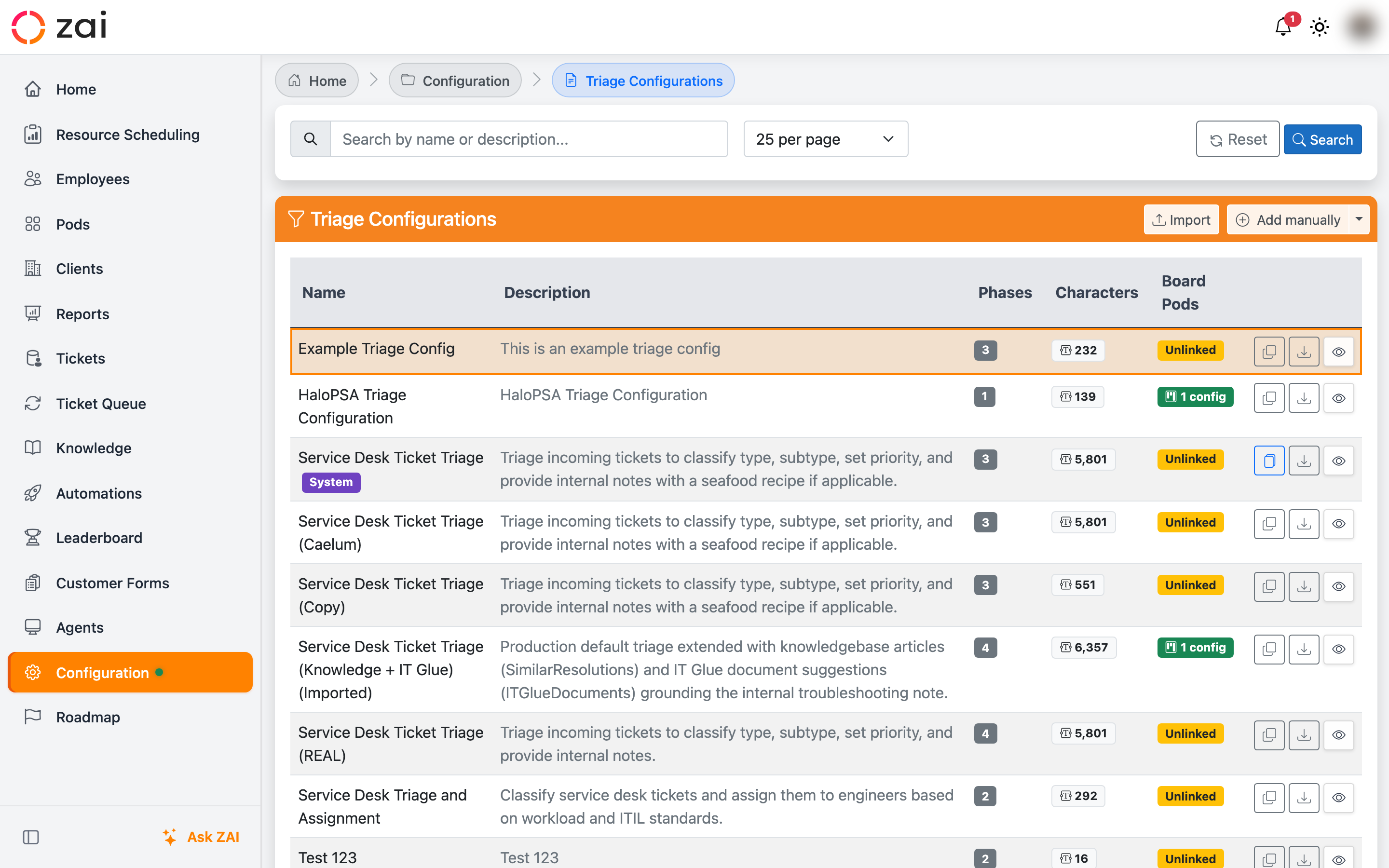The Triage Configurations list