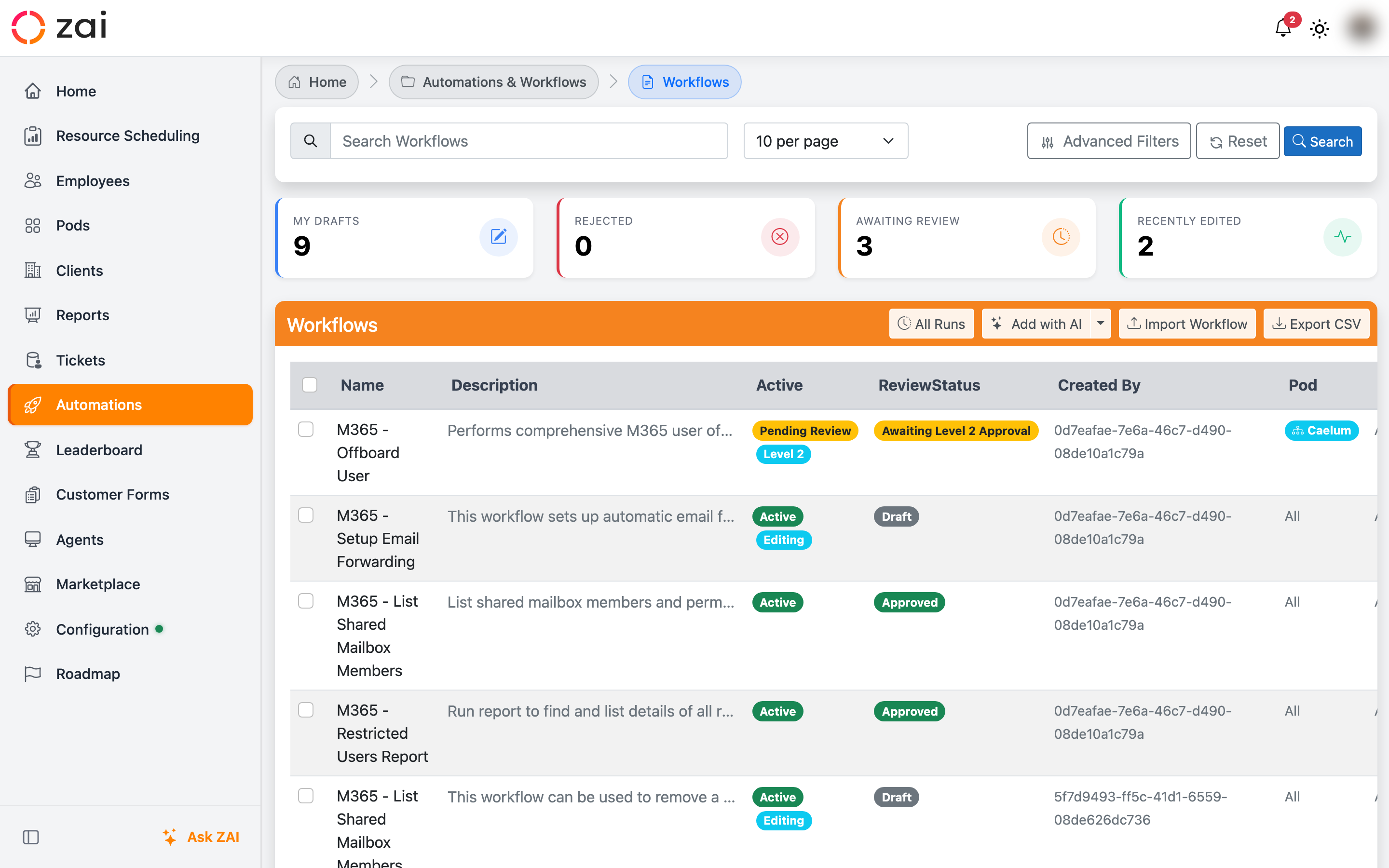 The Workflows list
