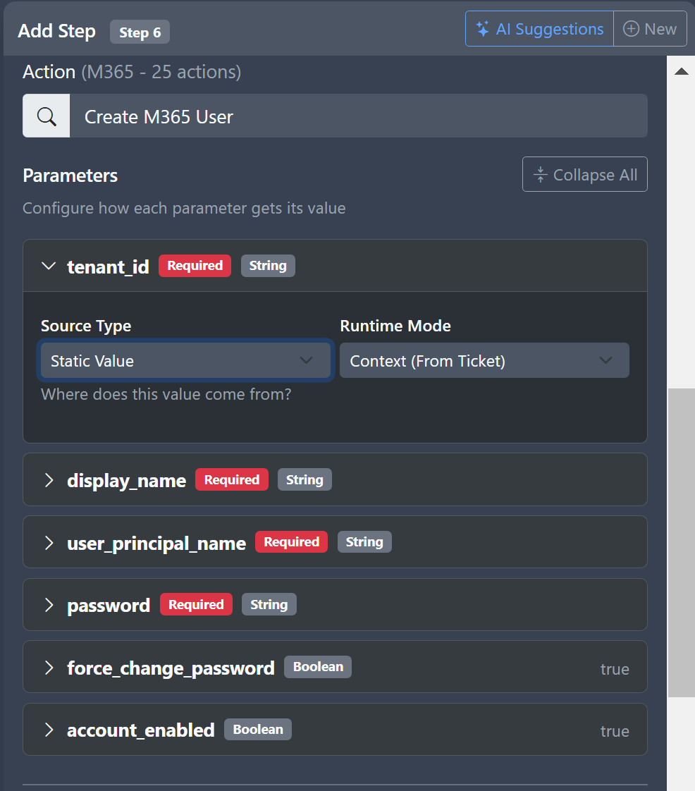 Parameters table